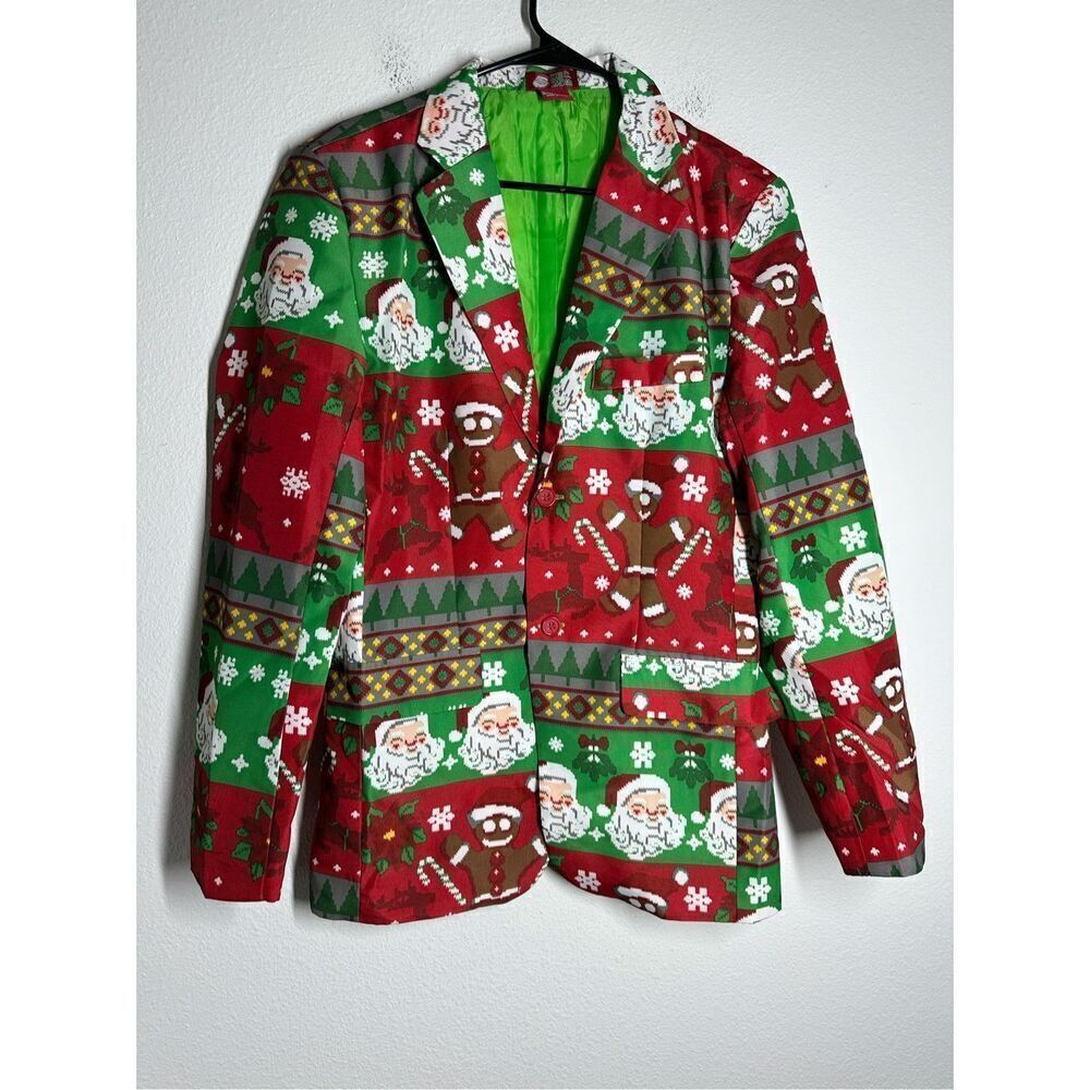 Dec. 25th Men's Santa Gingerbread Ugly Christmas Blazer/Jacket Red/Green Size S